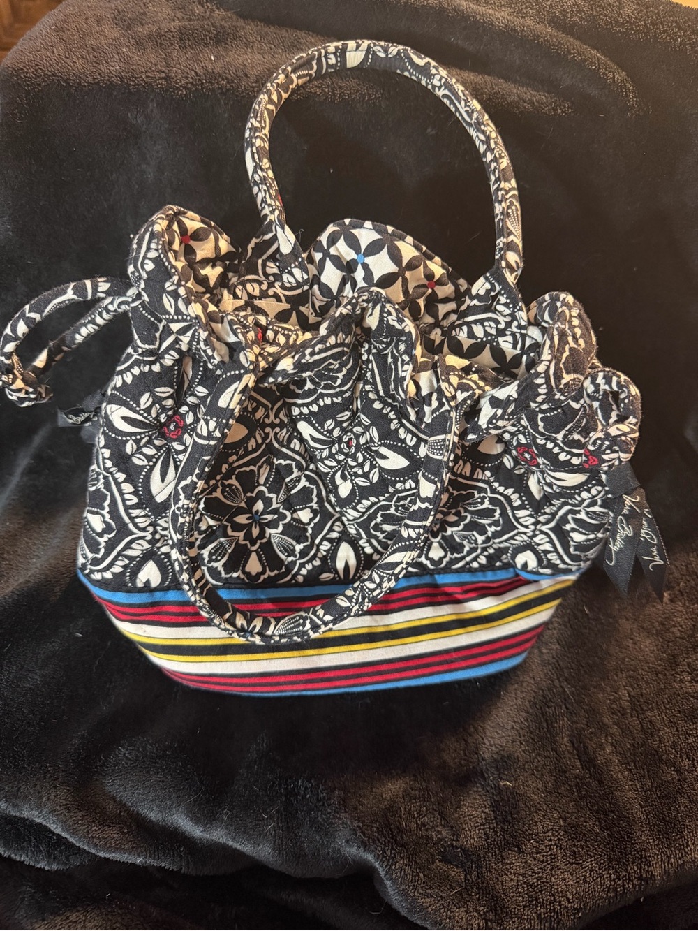 Vera Bradley Emma Black/White Floral Drawstring Satchel w/Stripes Barcelona pat